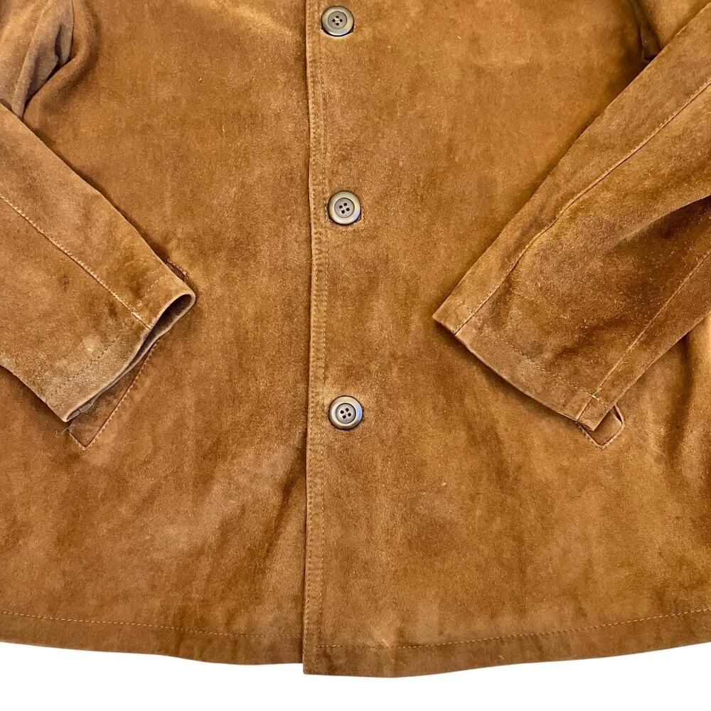 Mens Sz S Vintage 90s Brown Suede Jacket Button Front boxy Fit Hip Length Worn - Picture 8 of 16